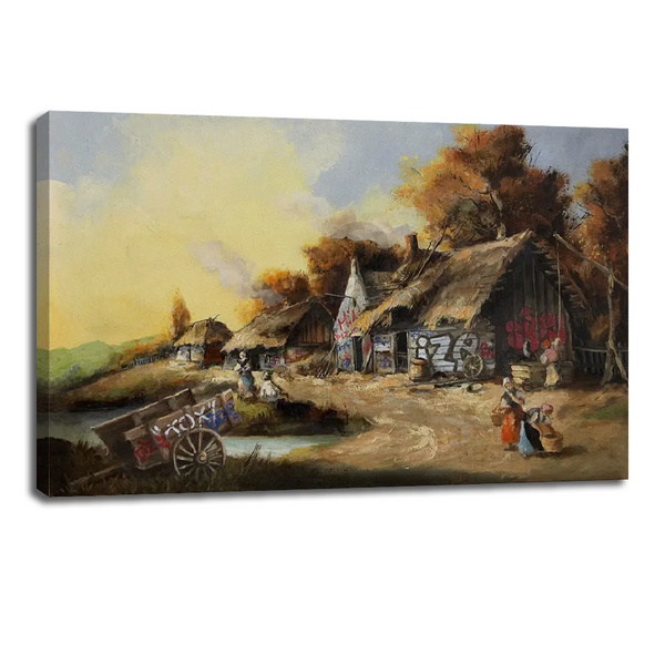 Graffiti Meets Pastoral – Unique Banksy-Style Rural Canvas Art