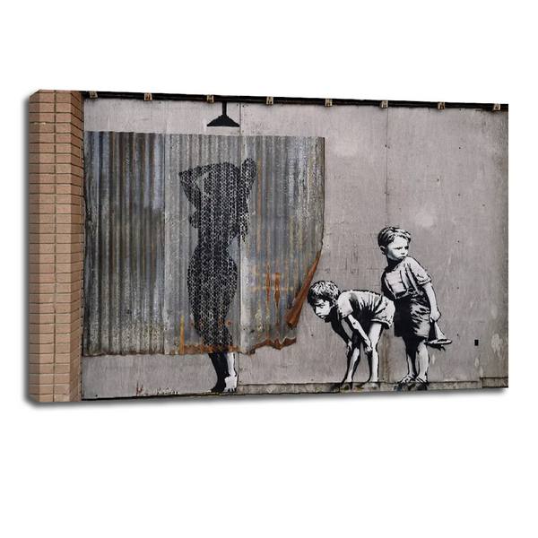 Banksy Curtain Peeking Canvas - Playful Street Art Wall Decor