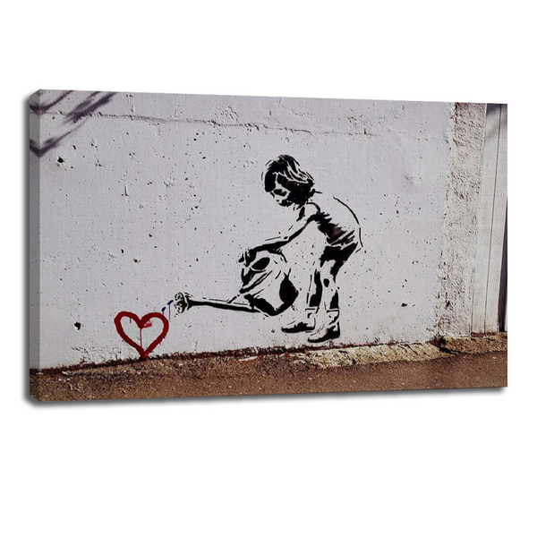 Banksy Girl Watering Love - Heart Graffiti Canvas Wall Art