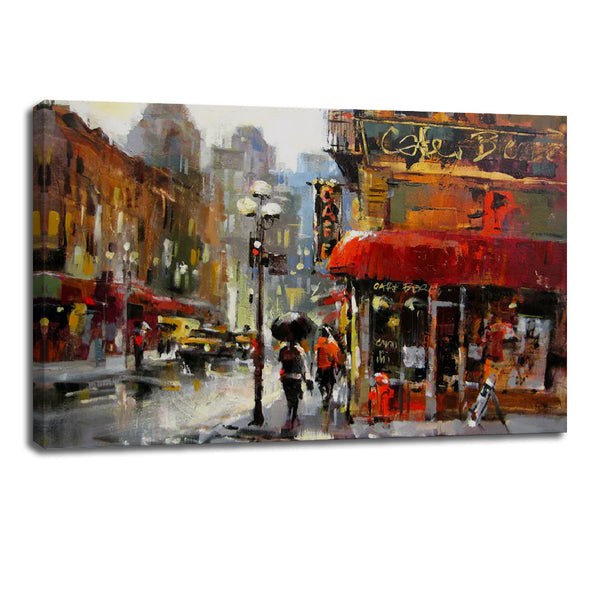 City Rain Street Cafe Canvas - Abstract Oil Painting Wall Art