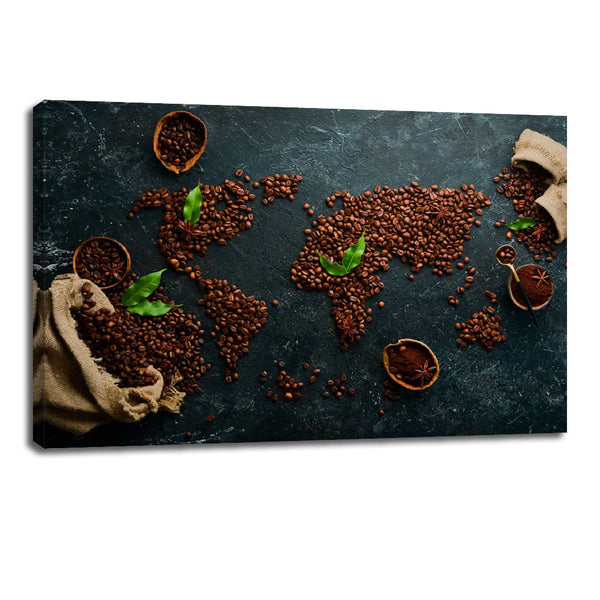 Coffee Bean World Map Canvas Print – Rustic Wall Art for Living Room & Café Décor