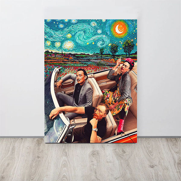 Dali, Van Gogh & Kahlo in Car - Starry Night Canvas Wall Art