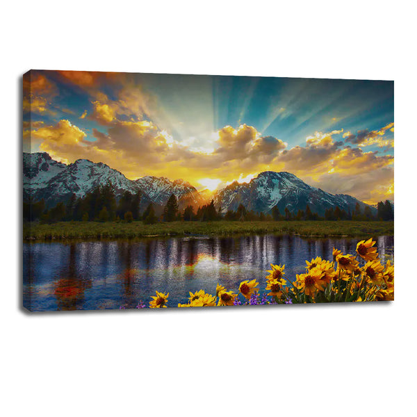 Grand Teton Wall Art – Mountain Landscape with Sunflowers & Sun Rays