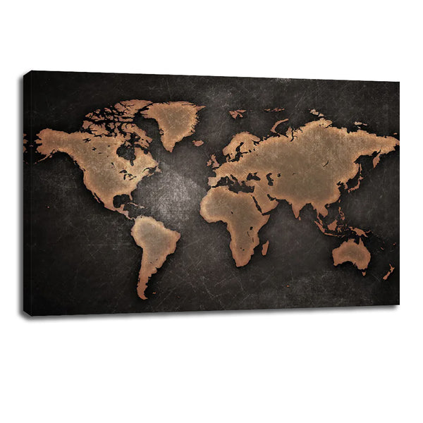 World Map Canvas Wall Art – Black Background Travel Map Print